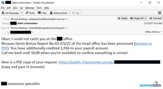 A spam message sent to a target on BaseCamp 