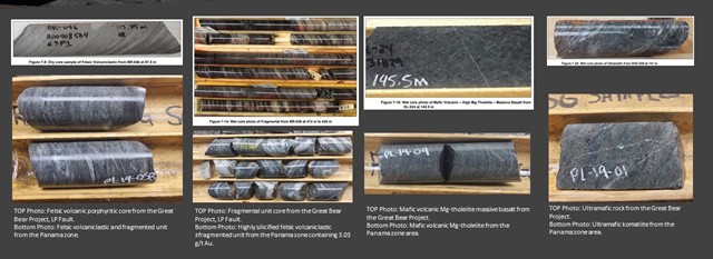 A comparison of Panama Lake core photos illustrating lithological and textural similarities to rocks from the Great Bear project [Kinross Gold]. Great Bear project core photos obtained from Voluntary National Instrument 43-101 Technical Report; prepared for Kinross Gold, Nicos Pfeiffer, John Sim, Yves Breau, Rick Greenwood, and Agung Prawsono.