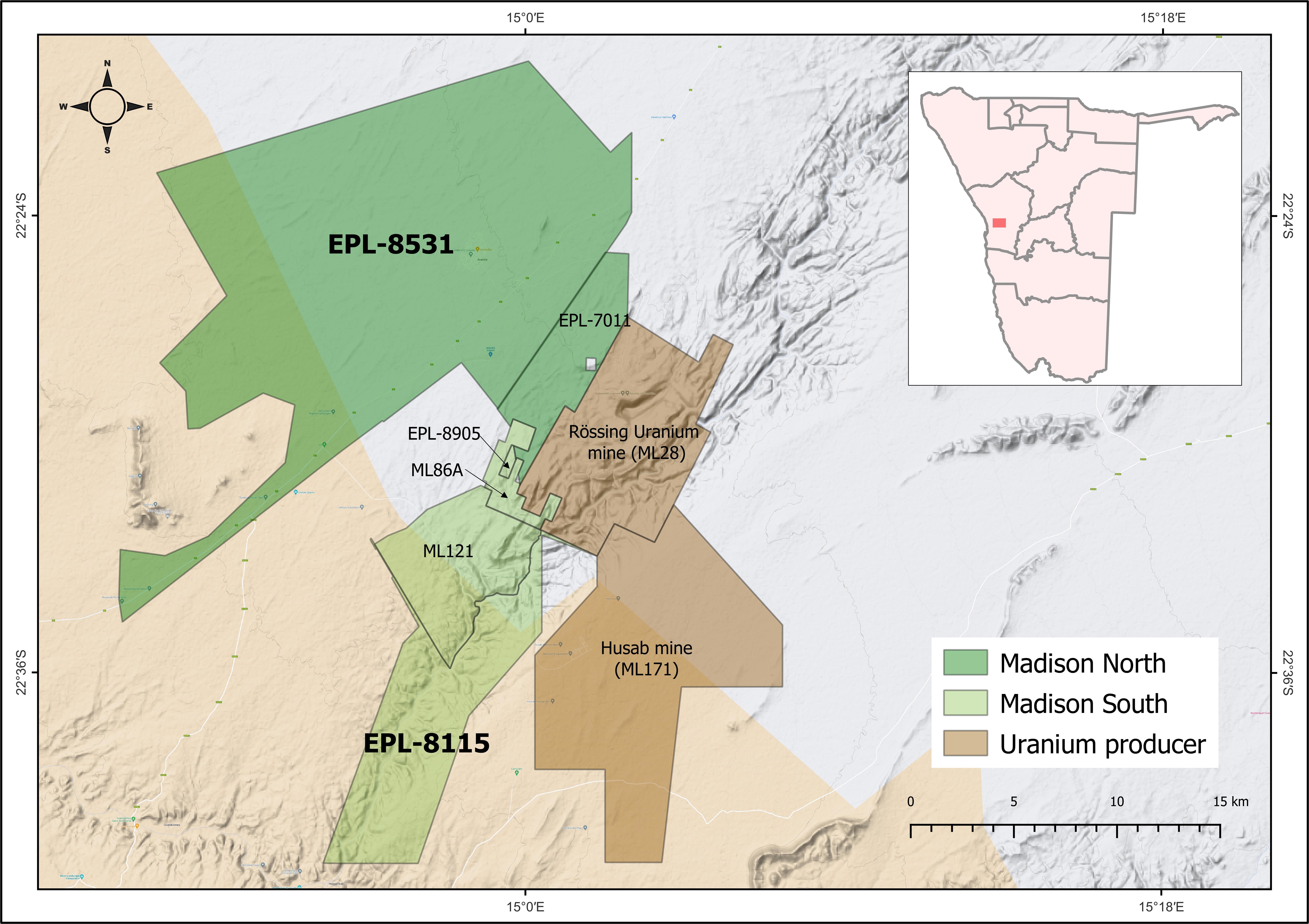 Location of EPL-8531, EPL-8115 and other Madison licences in the Erongo Uranium Province.