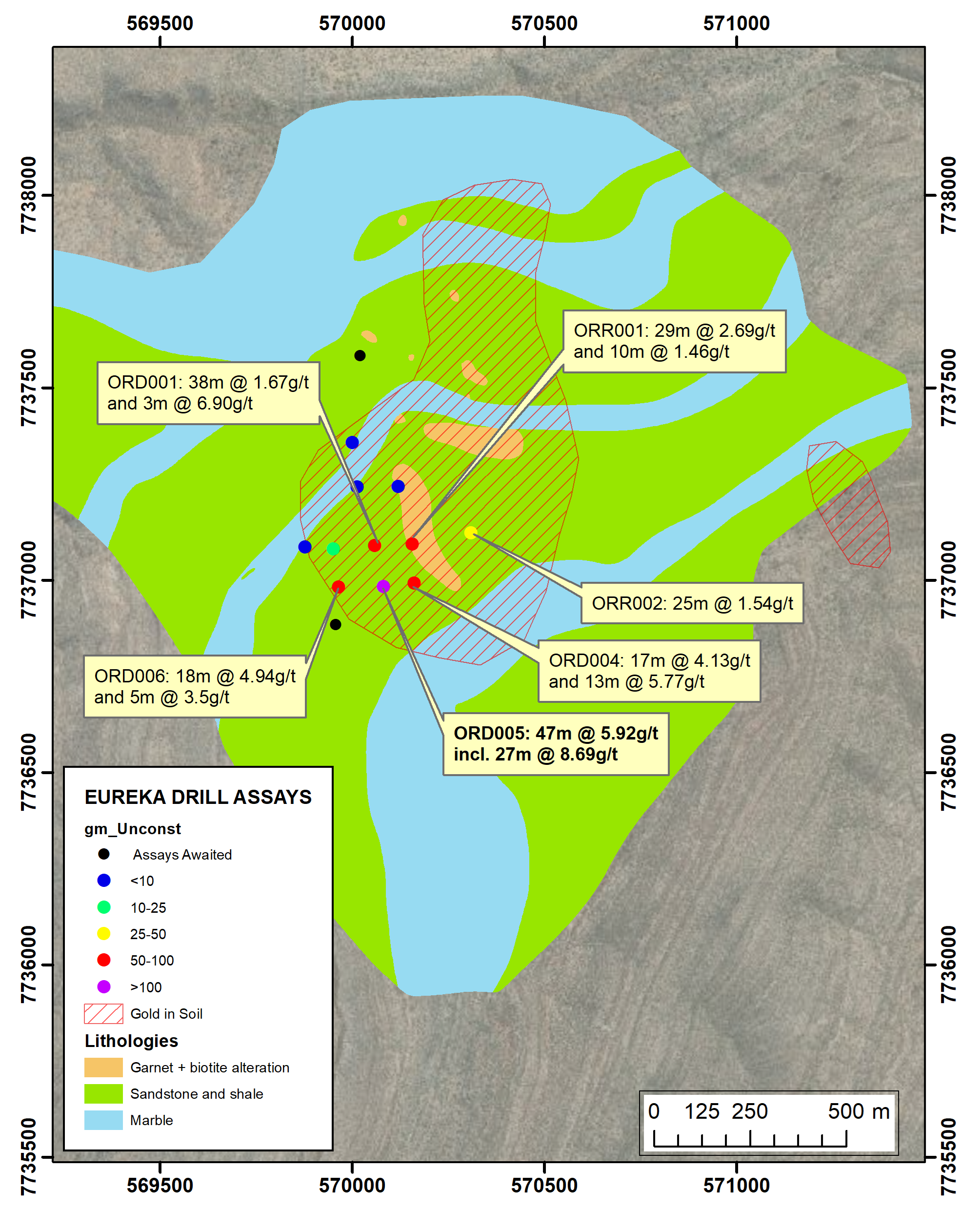 Eureka - RC and DD Drill Collars on Mapped Geology