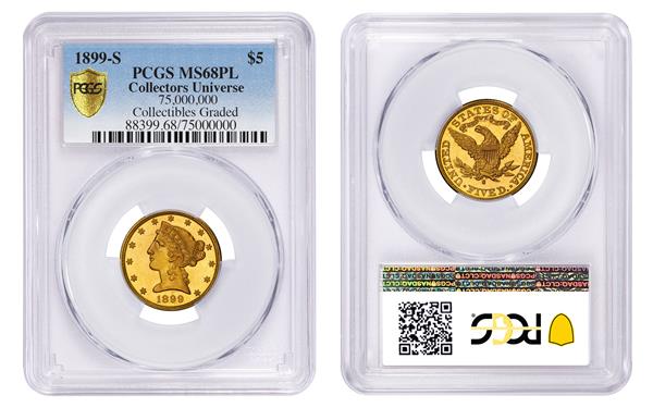 The rare collectible certified as No. 75 million in the history of Collectors Universe is this 1899-S Liberty Head $5 gold coin. It received a grade of PCGS MS68PL.