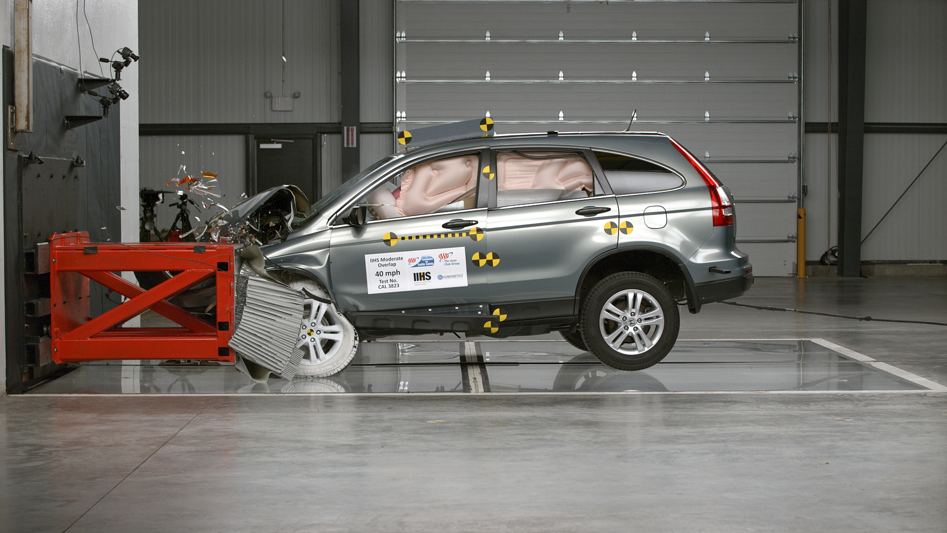 Action shot taken during the 40-mph moderate overlap frontal crash test. There was minimal intrusion into the driver's space in this test. 