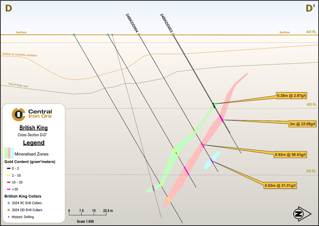  Cross section across the British King lodes with the diamond drilling intercepts.