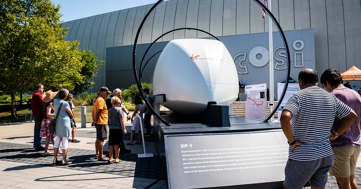 Virgin Hyperloop's XP-1 vehicle at COSI in Columbus, Ohio as part of VH's national roadshow in 2019. 