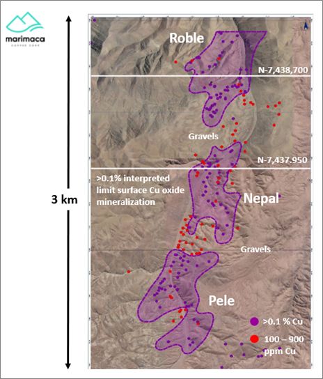 Figure 2: Map Showing Three Discrete Areas with Interpreted Limits of Outcropping Cu Oxide Mineralization > 0.1% CuT on IP-R Survey Lines