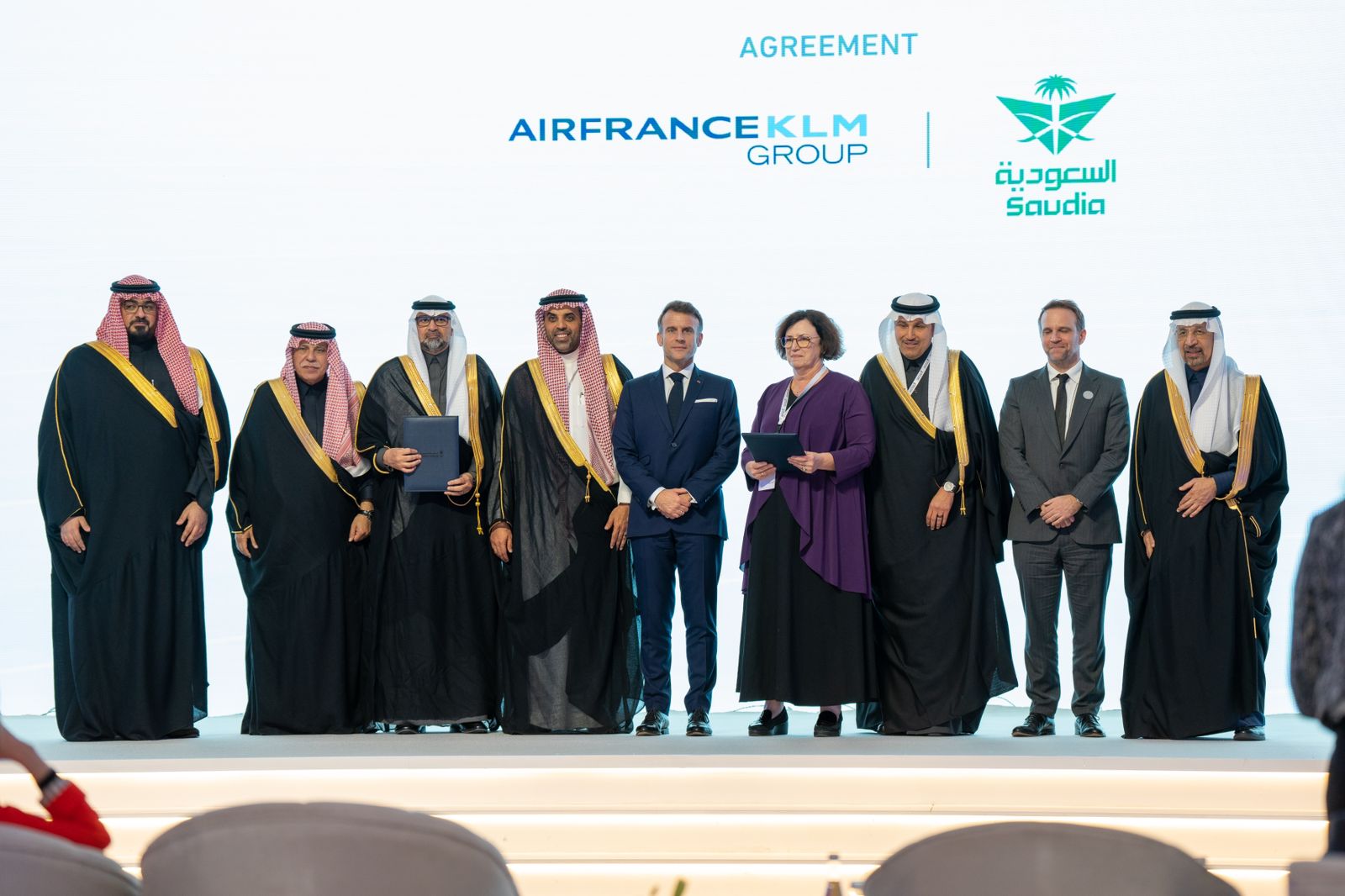 President Emmanuel Macron of the French Republic, Engr. Saleh Al-Jasser, Chairman of Saudi Arabian Airlines Corporation, Engr. Ibrahim Al-Omar, Director General of Saudia Group, along with ministers and distinguished dignitaries celebrate strategic partnership.