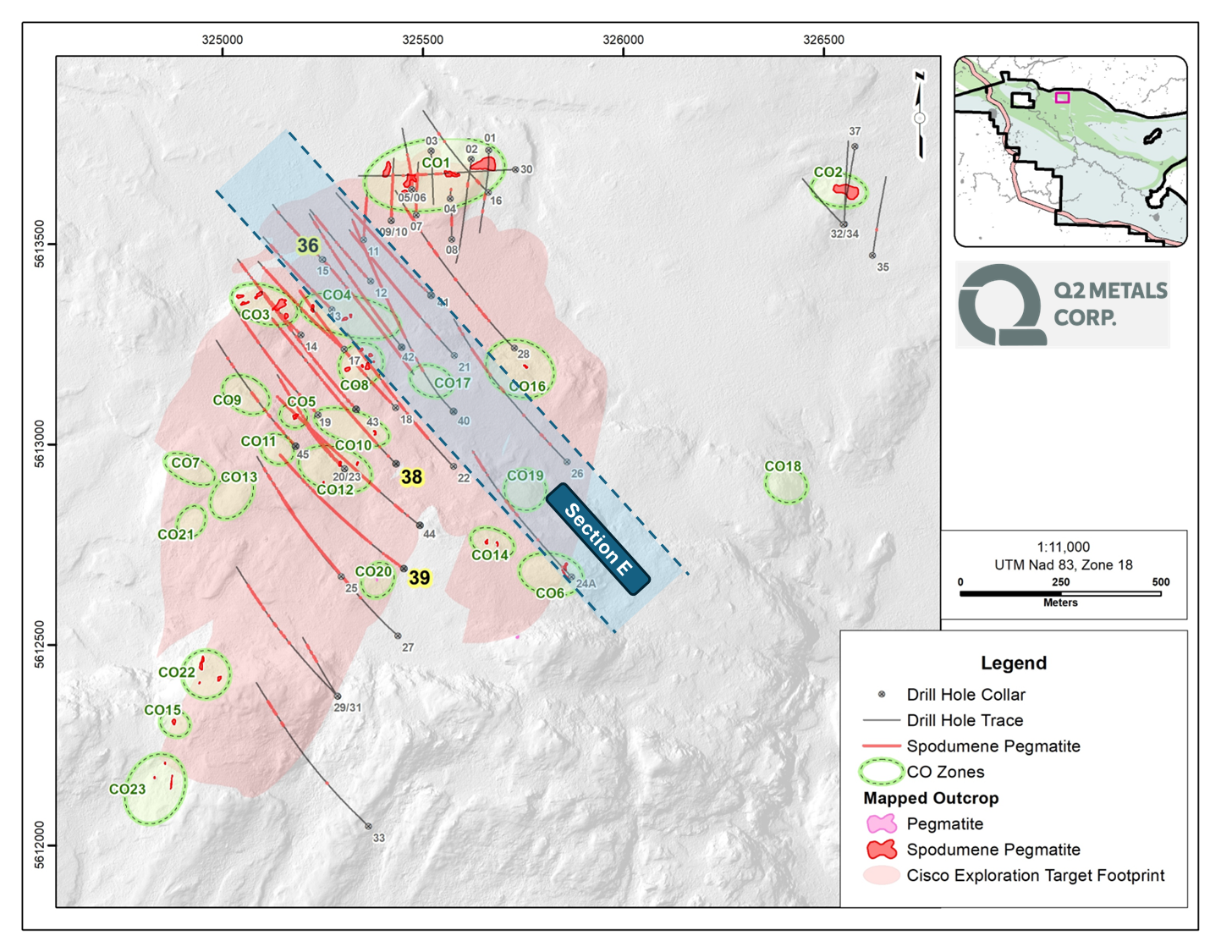 Map of Recent Drill Holes with Analytical Results at Cisco Property