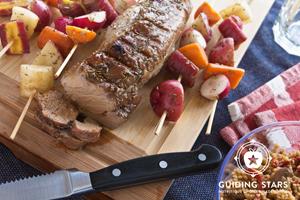Grilled Pork Loin with Rainbow Root Kebabs