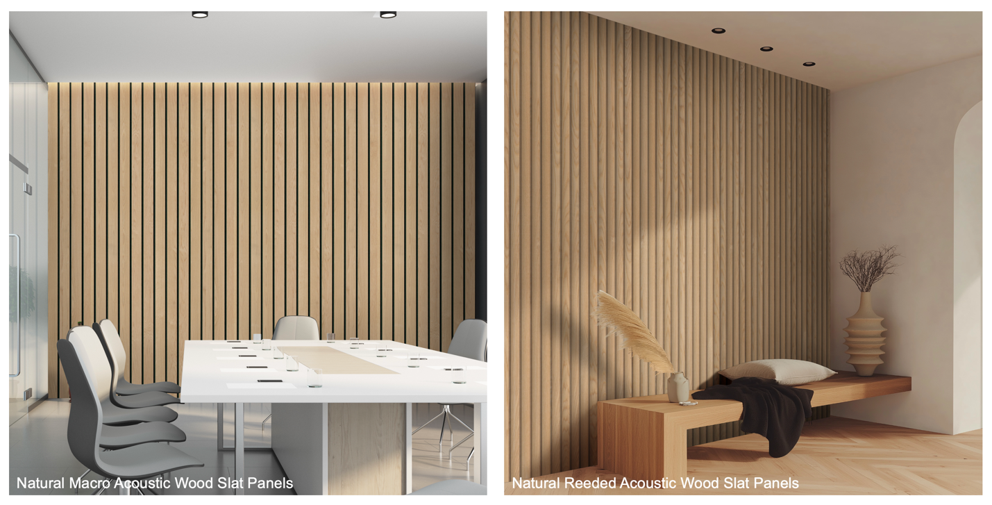 Collage of MSI's Acoustic Wood Slat Panels Room Scenes