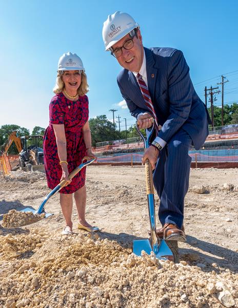 Janet Dicke, Trinity University alumna and Board Trustee, and University President Danny Anderson break ground for Dicke Hall, Trinity's future home for the Humanities