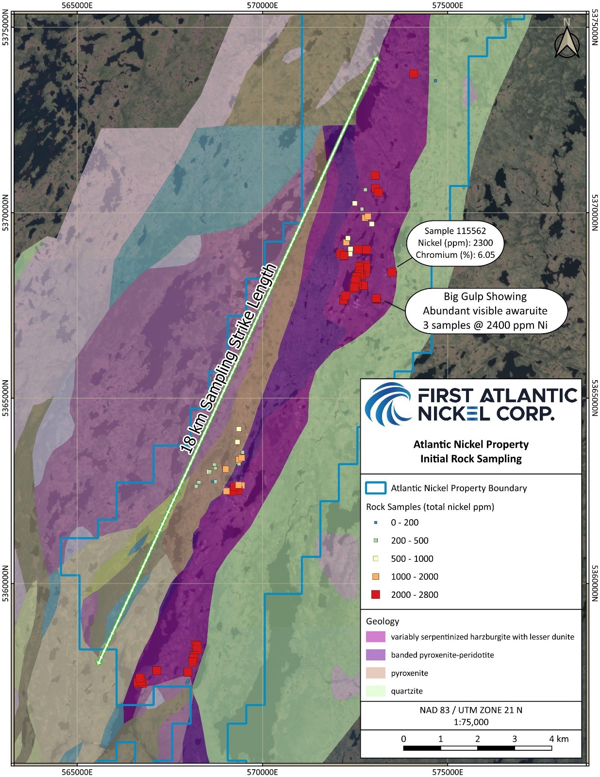 Atlantic Nickel Project geology map with initial rock samples confirming high nickel values shown extending through the bottom 18 km of the overall 30 km trend.