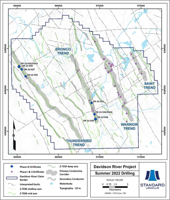 Plan map highlighting summer 2022 drill holes at Davidson River along the Thunderbird and Bronco conductors.