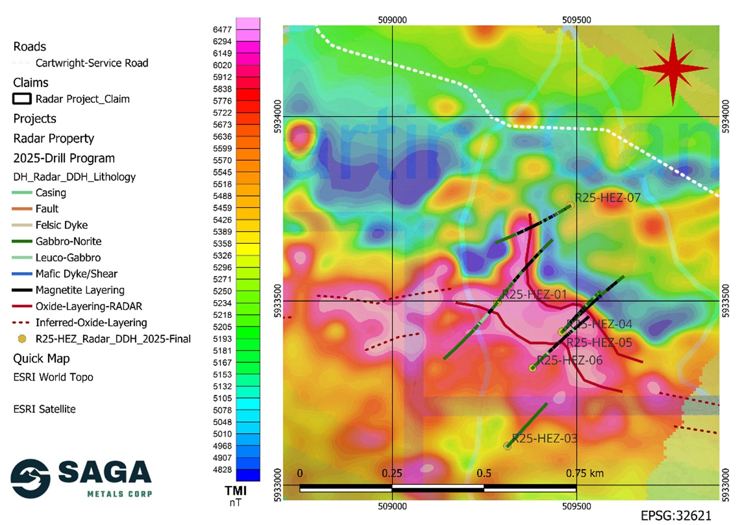 500m strike by 350m width magnetic anomaly drilled in the winter 2025 program. (2024 SAGA Metals. TMI Magnetic Survey). Shows DDH collars and Lithologies.