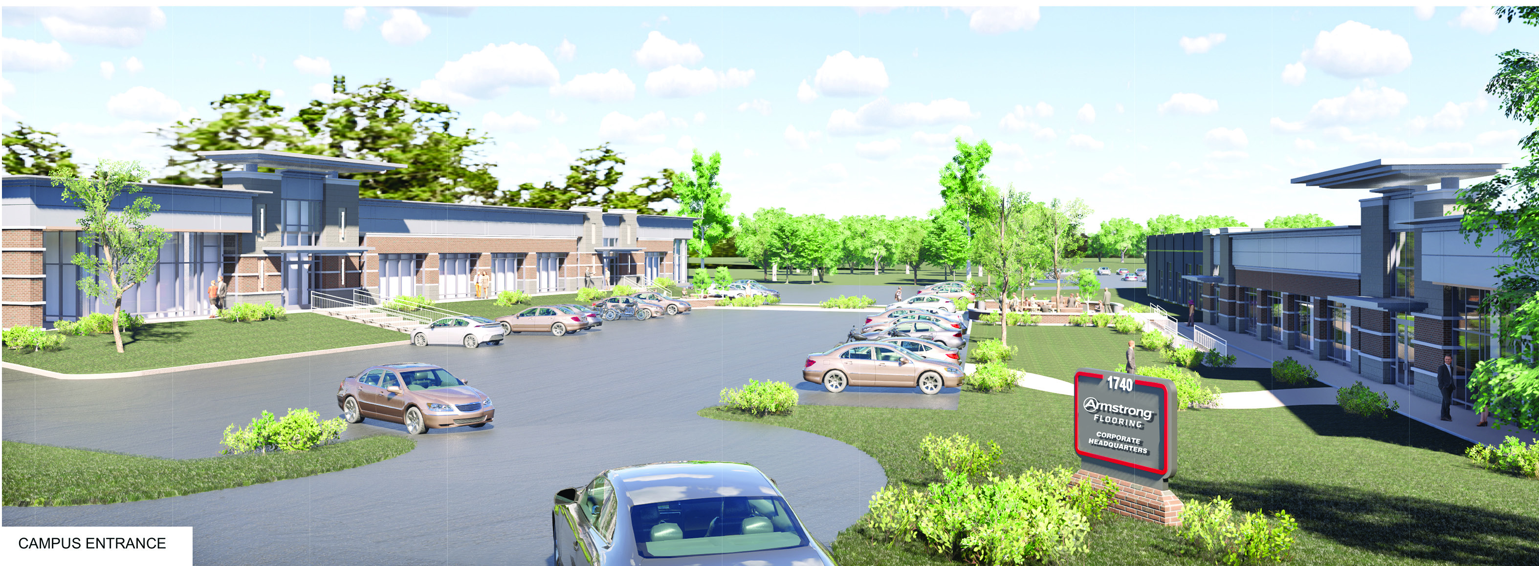 Rendering of campus entrance to Armstrong Flooring, Inc.'s new corporate headquarters at Greenfield, Lancaster, Pa., a project of High Real Estate Group LLC.  