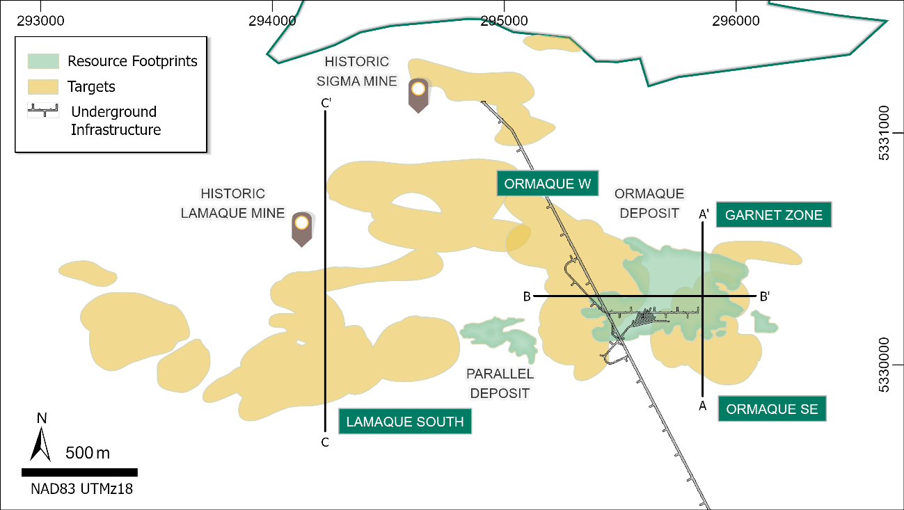 Geological map showing exploration target areas surrounding Ormaque-Parallel deposits and historic Sigma-Lamaque mines.
