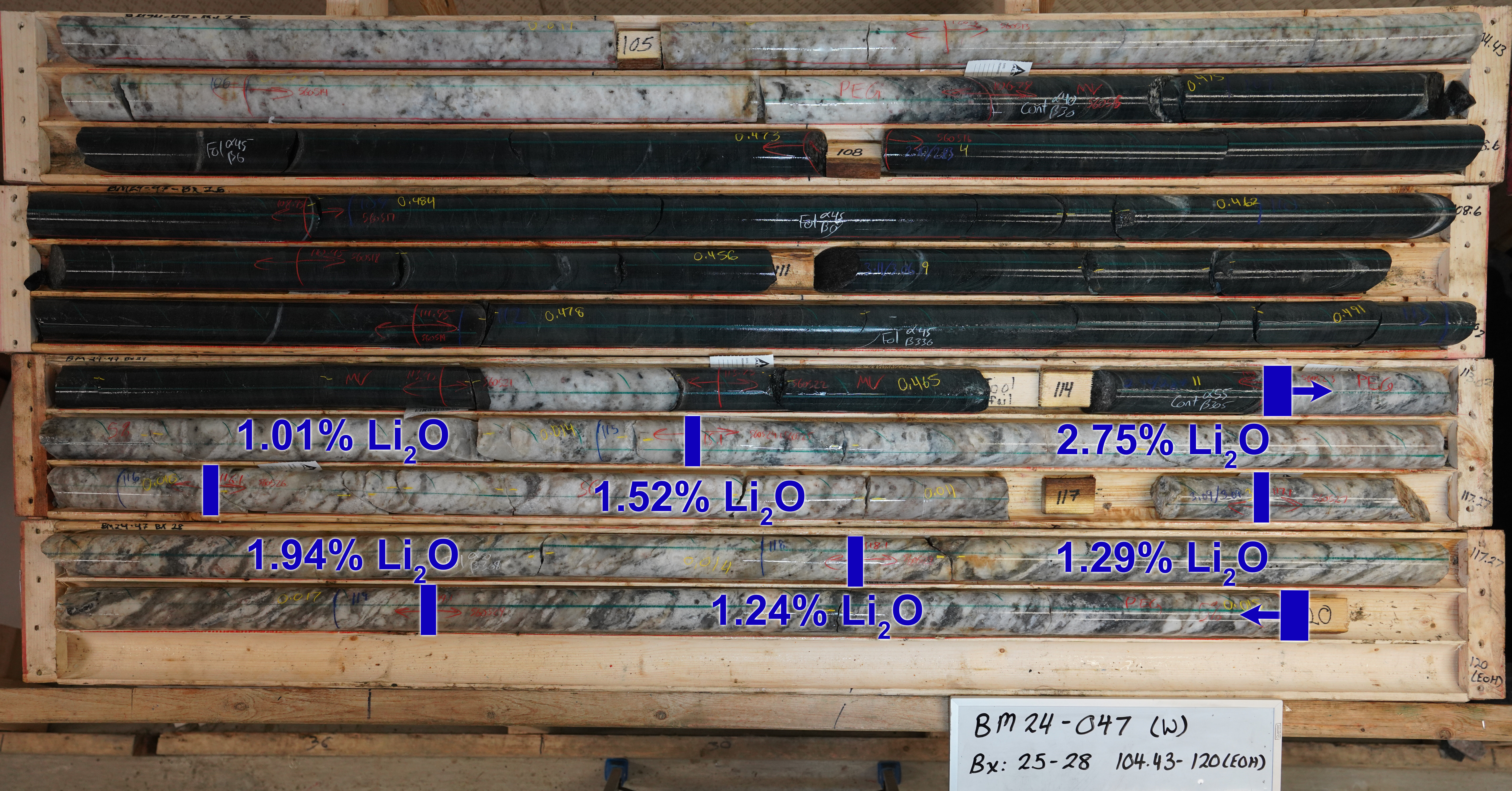 Core photos of hole BM24-047 (104.43m to 120m) highlighting Li2O% values in high grade intercepts from 114.17m to 120m (Blue).