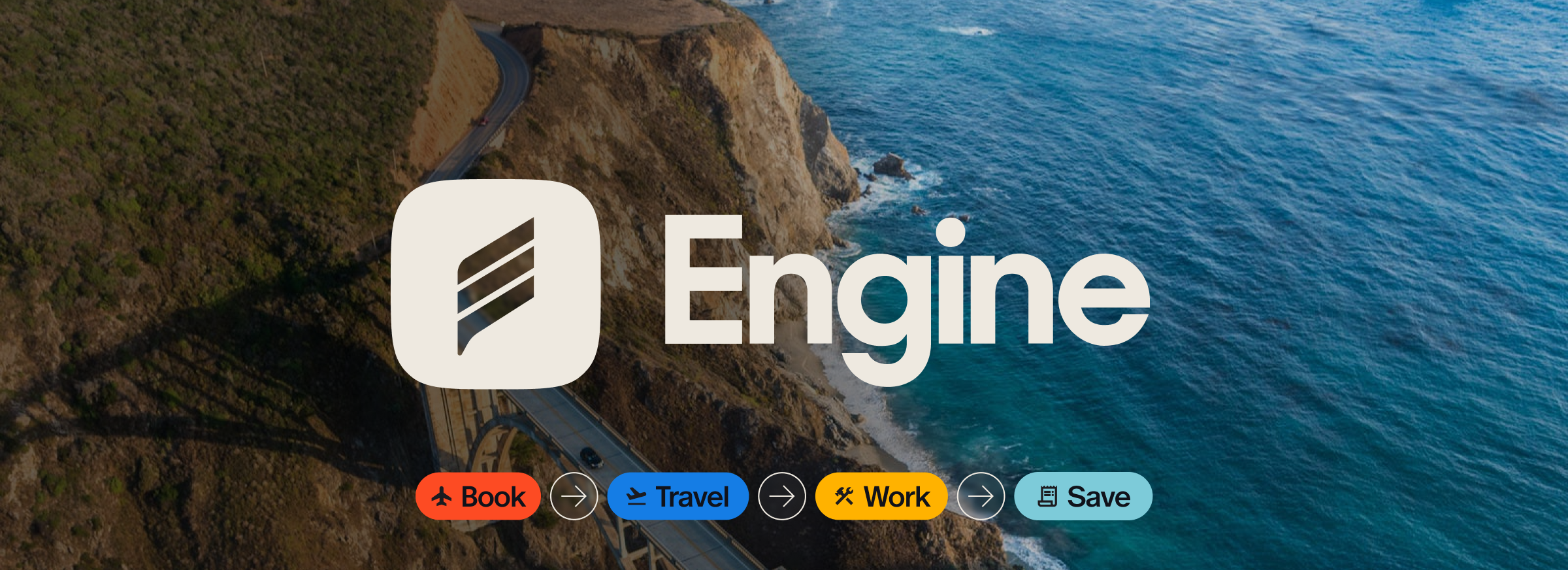 New Engine logo laid over an aerial view of a coastline, with mini icons for "Book," "Travel," "Work" and "Save"