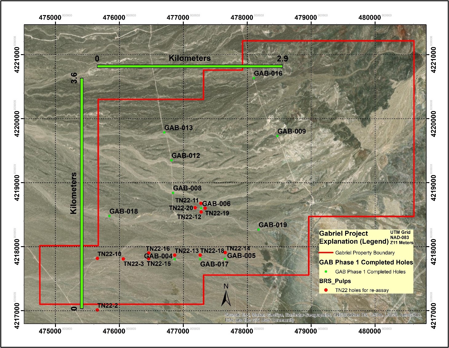 Location Map of GAB Drill Holes and Proposed BRS TN-22 Holes to Re-assay