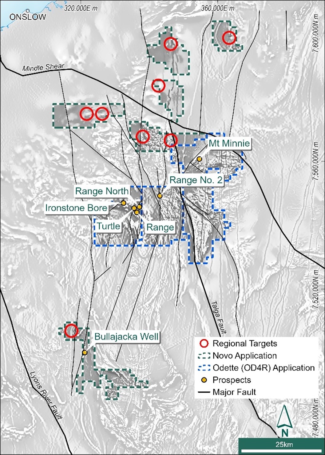 Toolunga Project tenure showing regional targets over 1VD aeromagnetic image in a complex structural setting.