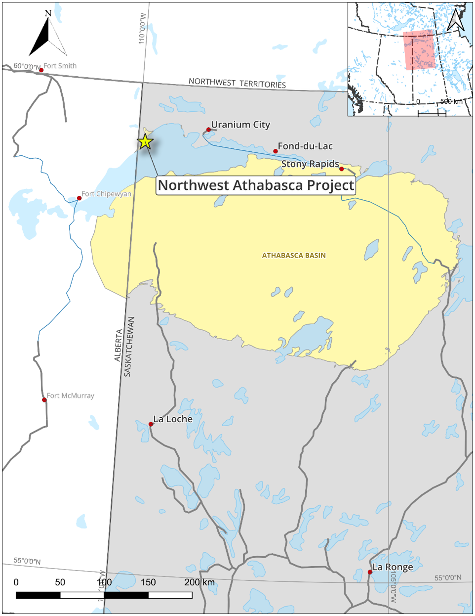 The closest communities are Uranium City, Fond du Lac and Fort Chipewyan. The western margin of the property is located along the Alberta – Saskatchewan Border.