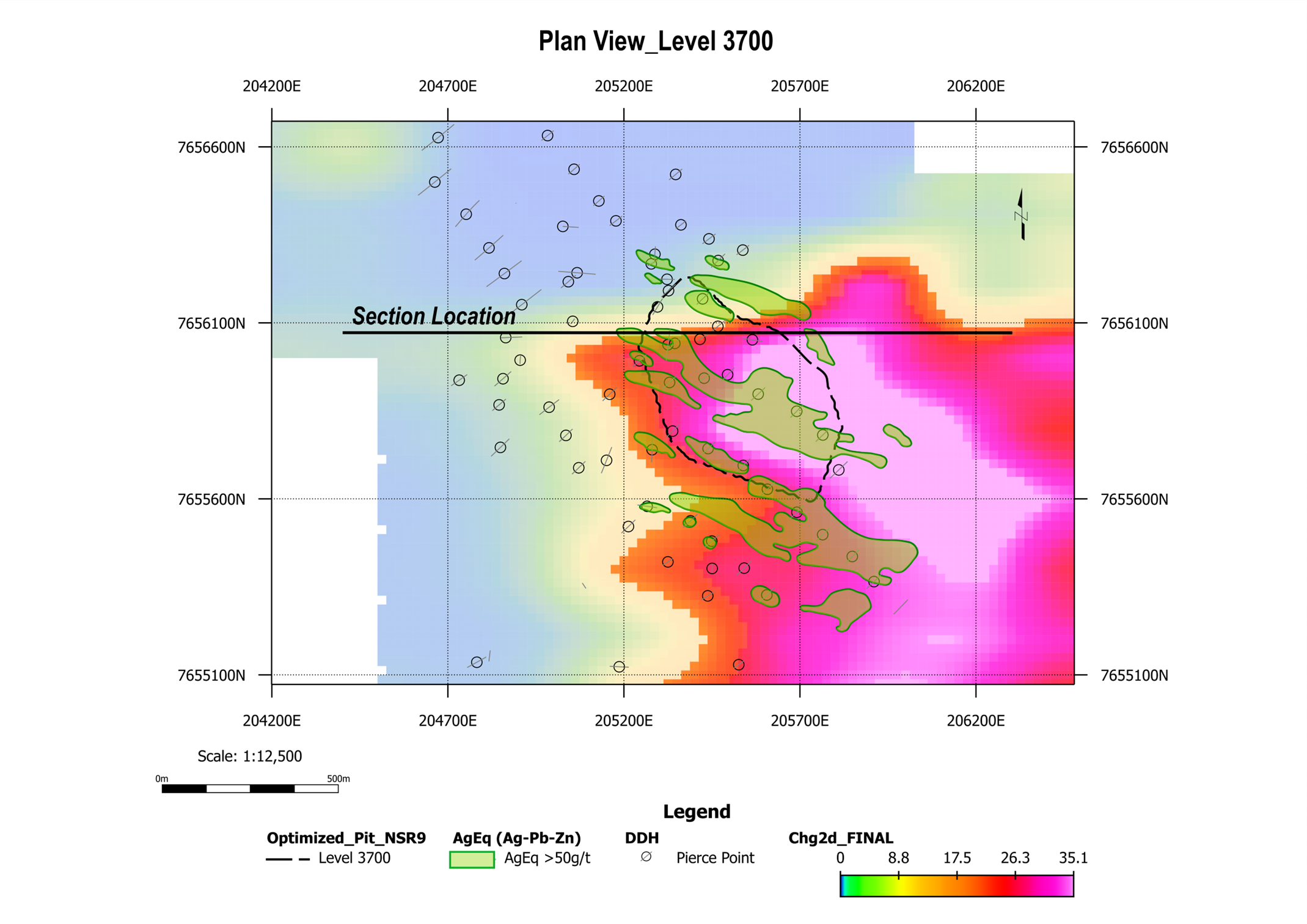 Figure 3 is a Plan Map of the same Chargeability Model at 3700m elevation shown in Figure 2 with the contoured 50 g Ag eq superimposed showing the strong correlation of high-grade areas with the chargeability anomaly.