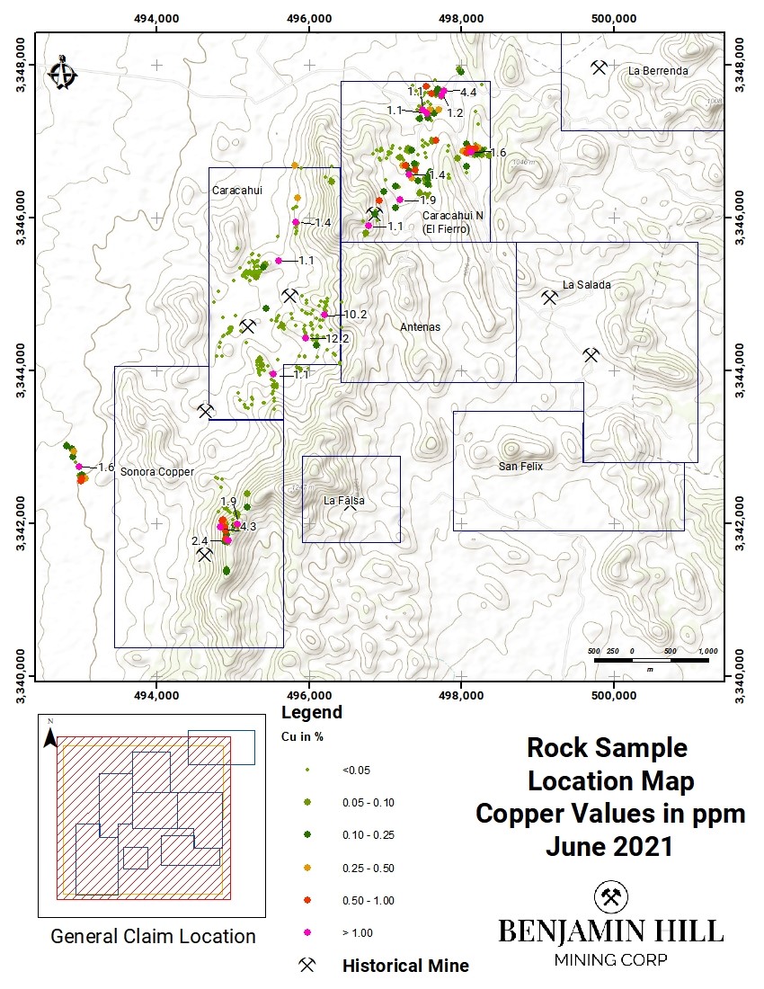Figure 1: Copper Assays in the Caracahui Norte, Caracahui and Sonora Copper areas