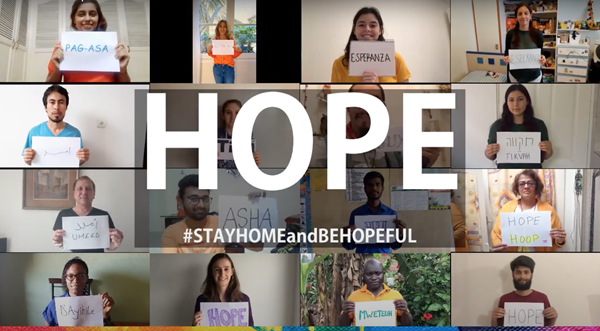 Members of the URI Global Youth Cooperation Circle, a URI member group comprised of young leaders who are at the heart of interfaith-led social transformation across the world, are connecting virtually during the COVID-19 crisis. In this picture, they hold up the word "Hope" in the languages they speak.