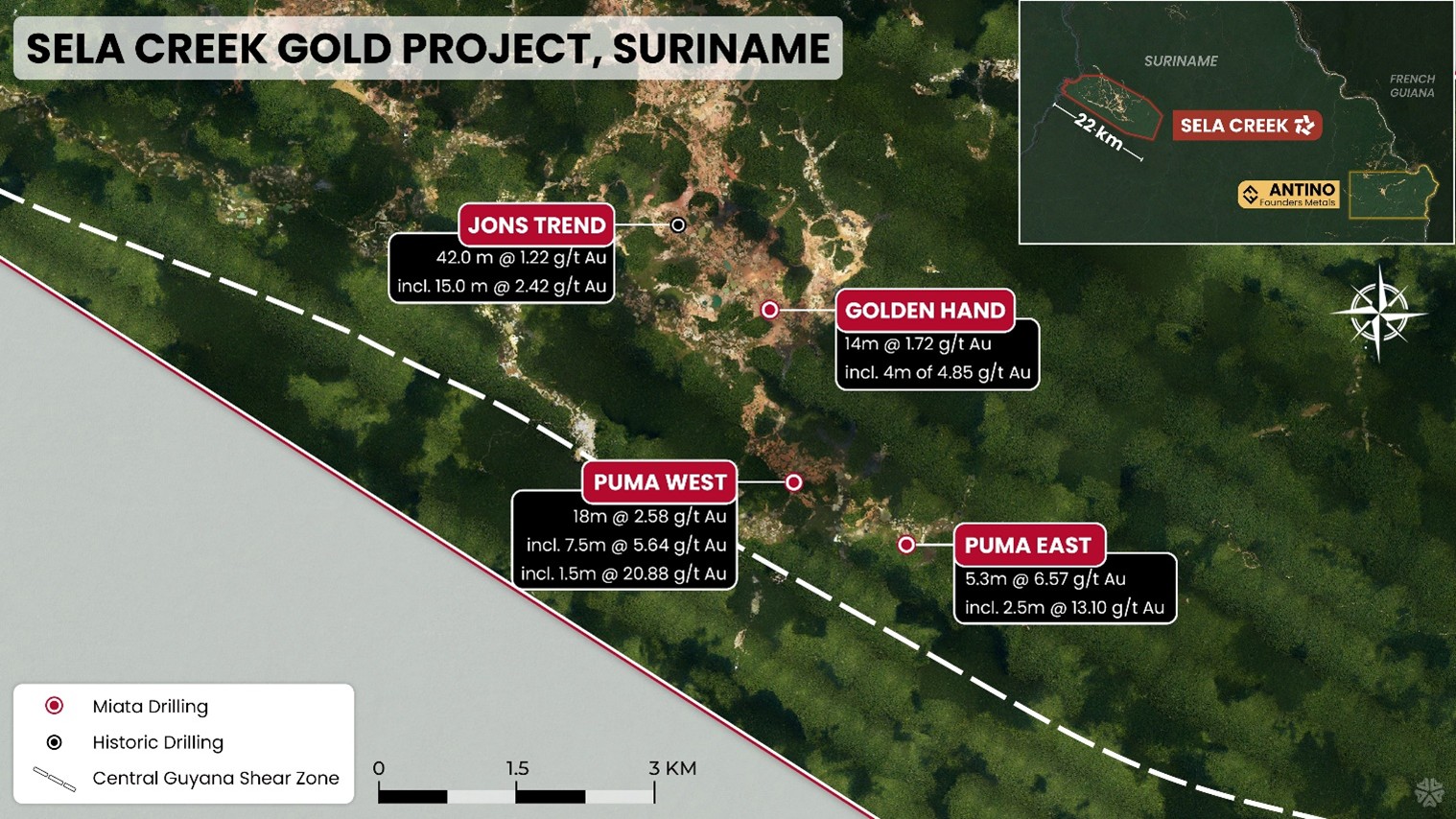 Sela Creek now contains four different targets where drill discoveries indicate meaningful widths and grades for orogenic gold style mineralization. Artisanal mining in saprolite suggests several more targets with the potential for open pit mining.