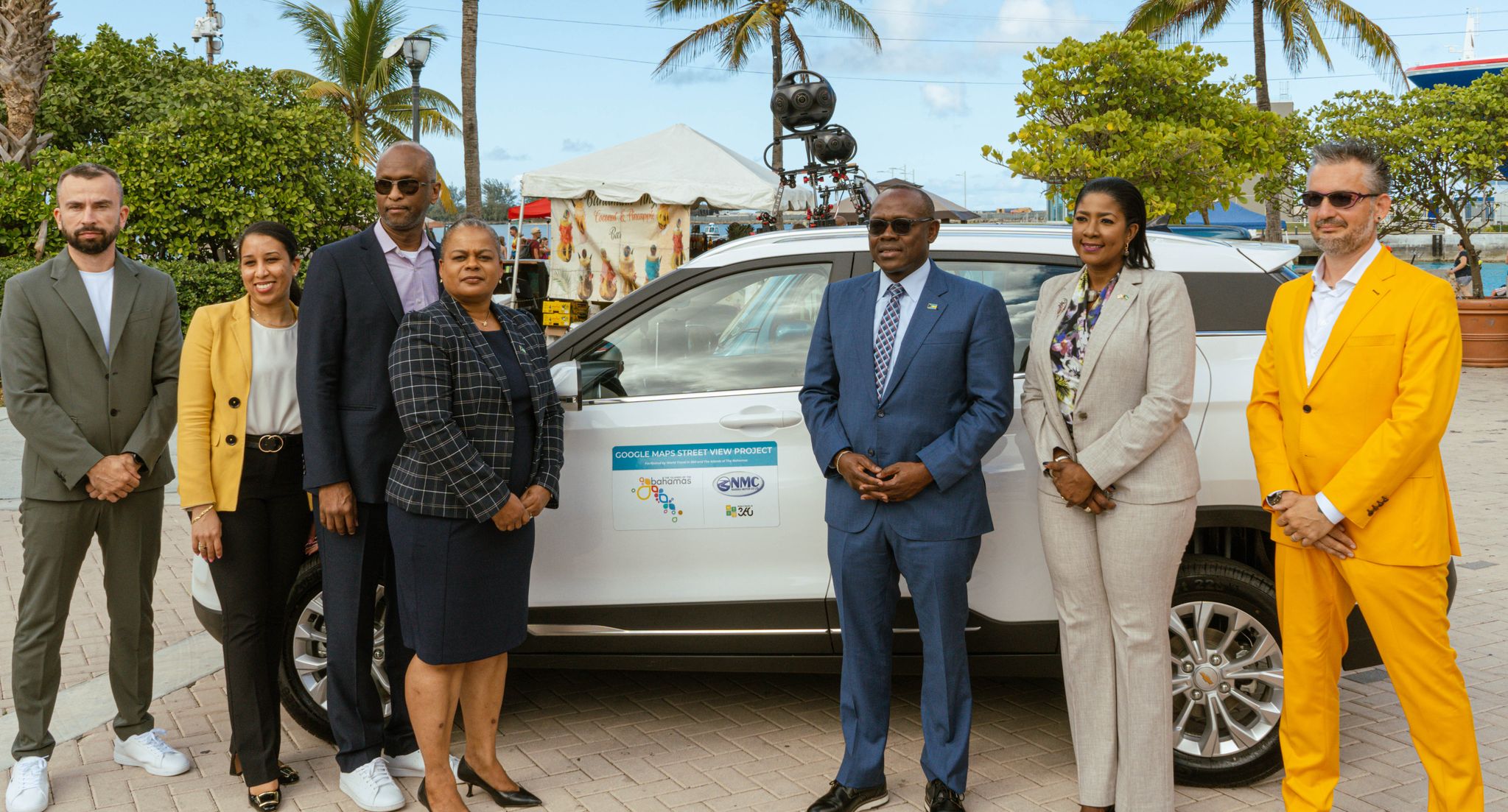 Federico Debetto, World in Travel in 360; Kristy Morris, General Manager of Global Communications Digital, Paul Strachan, Executive Director of Global Communications; Acting Permanent Secretary Lisa Adderley-Anderson, Bahamas Ministry of Tourism; the Hon. I. Chester Cooper, Deputy Prime Minister and Minister of Tourism, Investment and Aviation; Director General Latia Duncombe; and Dimitar Kunev, World in Travel in 360 at the official launch of The Bahamas Google Maps Street View Project, in Pompey Square, Nassau, The Bahamas.