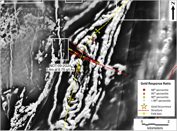 Figure 3 - Gold soil anomalies along the Thunderbird Fault