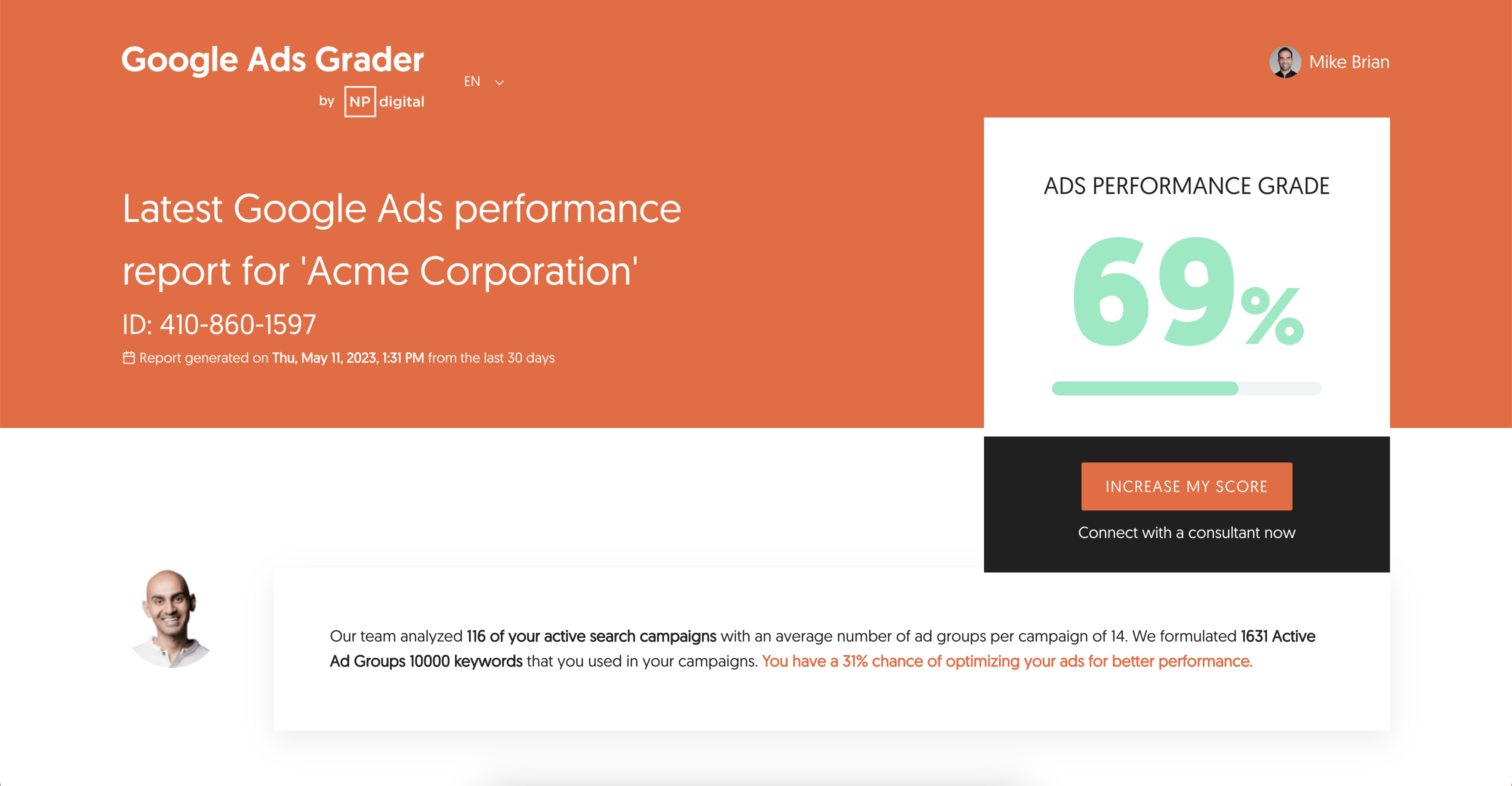 Ads Grader - Screenshot of Report Introduction