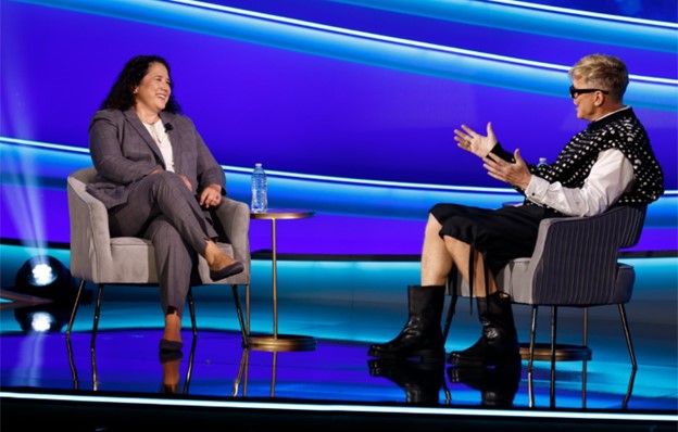 SBA Administrator Isabella Casillas Guzman (left) chats with Michael Mendenhall (right)   TriNet’s Senior Vice President and Chief Marketing Officer/Chief Communications Officer