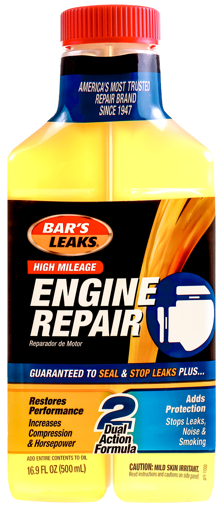 Dual-cavity bottle labeled Bar’s Leaks High Mileage Engine Treatment