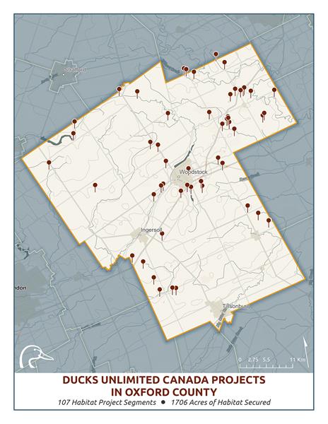 Map of Oxford County showing more than 100 habitat restoration projects led by Ducks Unlimited Canada.