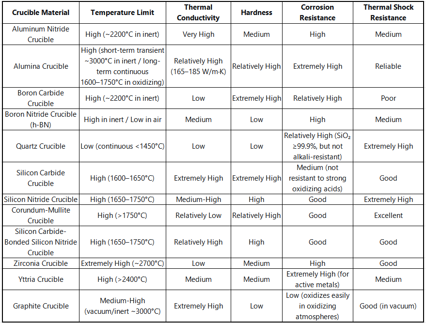 Comparison of 12 Material Ceramic Crucibles