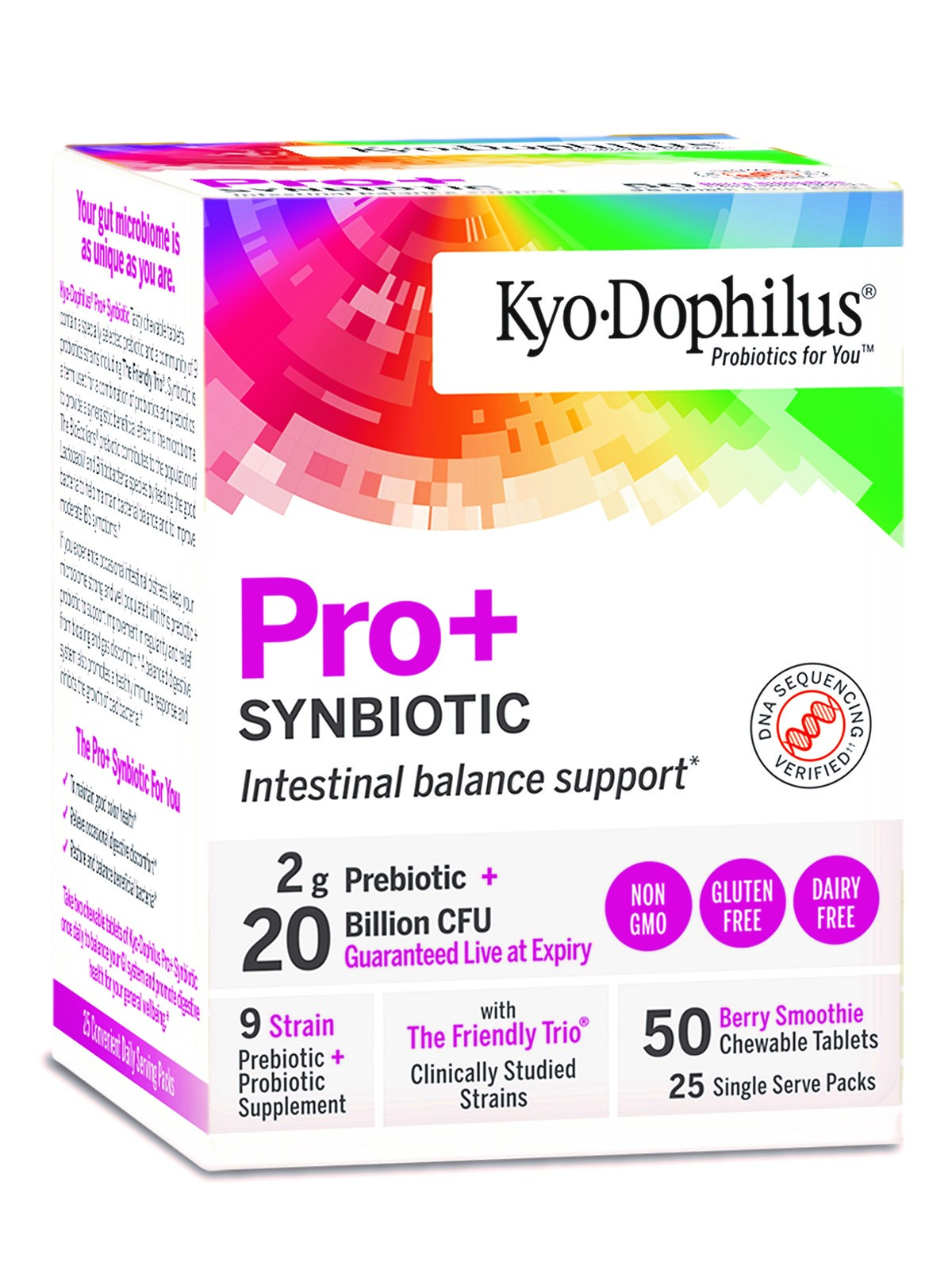 Kyo-Dophilus Pro+ Synbiotic contains 20 billion CFU of a diverse community of nine beneficial bacteria species, including Wakunaga’s “The Friendly Trio,” a clinically studied blend of L. gasseri KS-13, B. bifidum G9-1, and B. longum MM-2. Published studies show that this specific combination of strains improves digestion, reduces cold and seasonal allergy symptoms, and restores a healthy microbiome in older adults