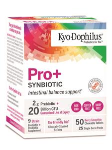 Kyo-Dophilus Pro+ Synbiotic contains 20 billion CFU of a diverse community of nine beneficial bacteria species, including Wakunaga’s “The Friendly Trio,” a clinically studied blend of L. gasseri KS-13, B. bifidum G9-1, and B. longum MM-2. Published studies show that this specific combination of strains improves digestion, reduces cold and seasonal allergy symptoms, and restores a healthy microbiome in older adults