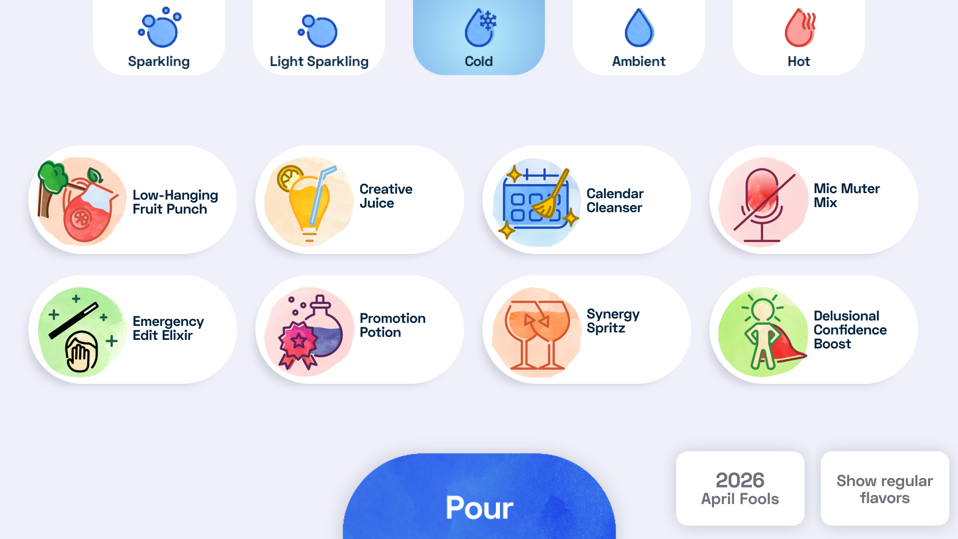 Bevi machine screen displaying the “Per My Last Email” Collection of flavors