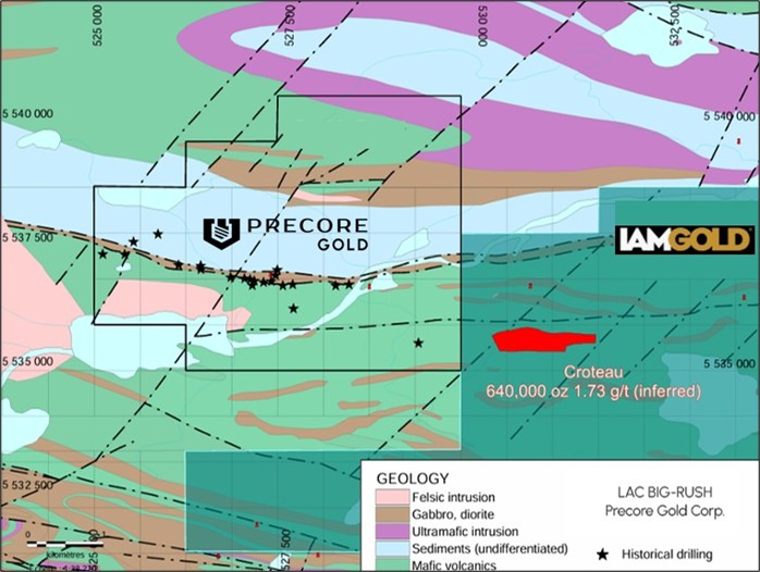 Figure 1. Map of Precore’s Lac Big-Rush property including location of historical showings. 