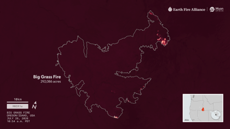 The entire Big Grass Fire as of July 28, 2026, captured by FireSat’s MWIR1a band. The most active regions were concentrated along the Eastern perimeter of the fire, particularly in the Northeast (upper right) where many hot, bright pixels are visible.
