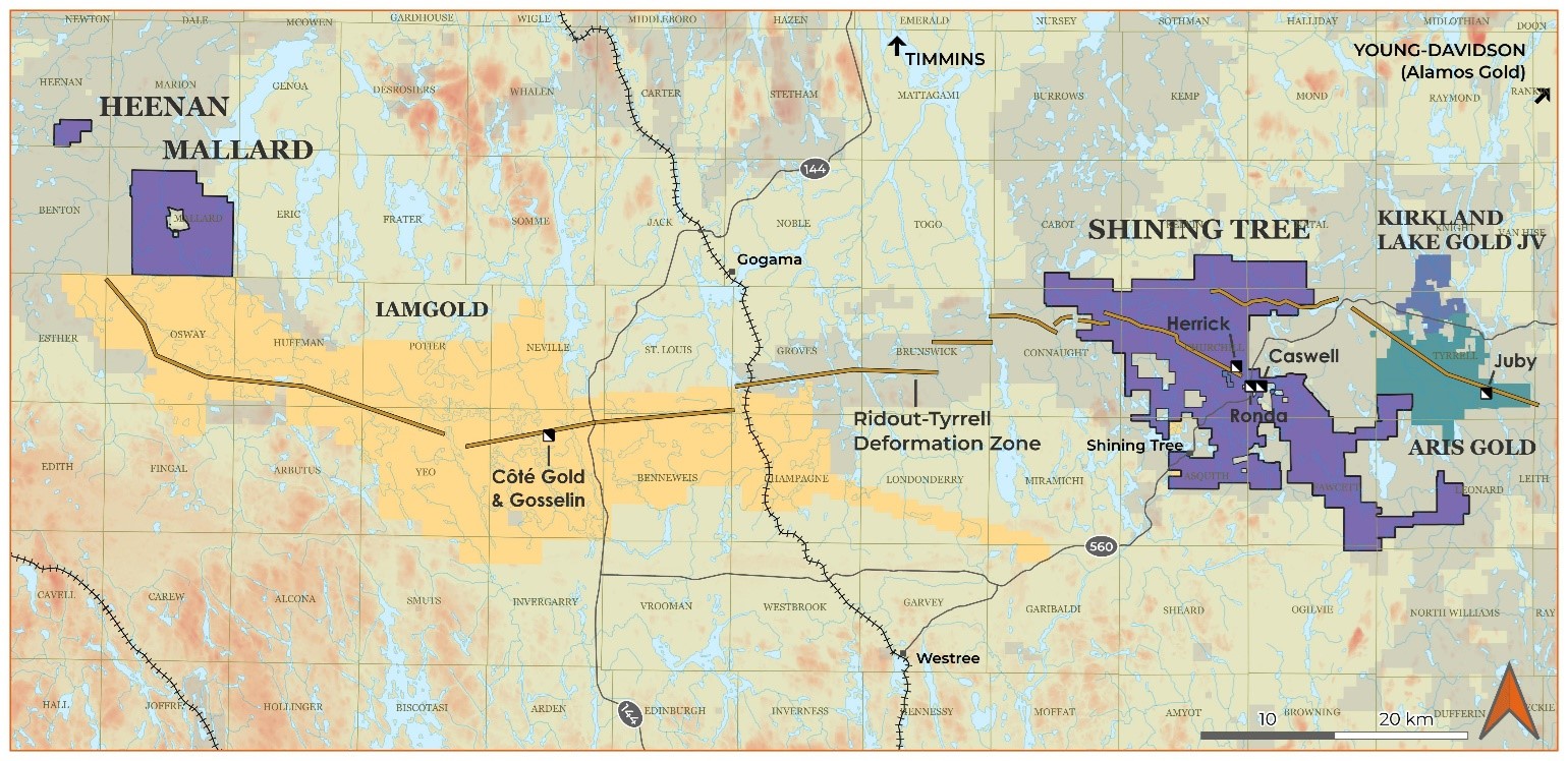 Location map of Shining Tree, Heenan and Mallard J-V Gold projects