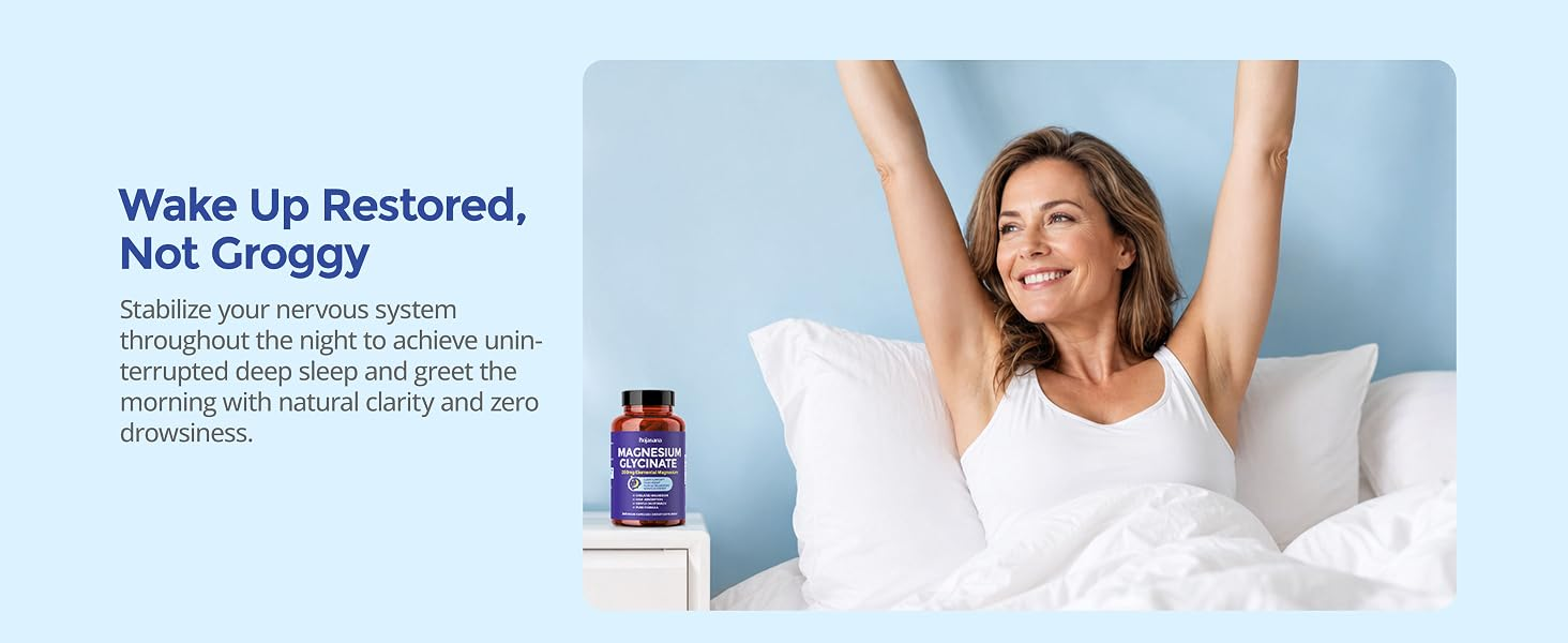 Smiling woman stretching in bed after restful sleep with HojaSana Magnesium Glycinate on the nightstand.