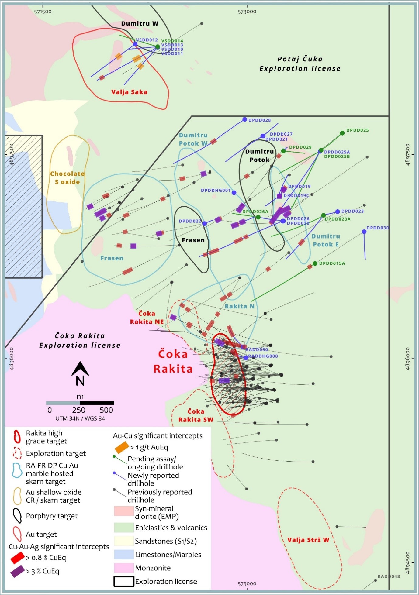 Project scale map highlighting the updated targets and results from the ongoing scout drilling.