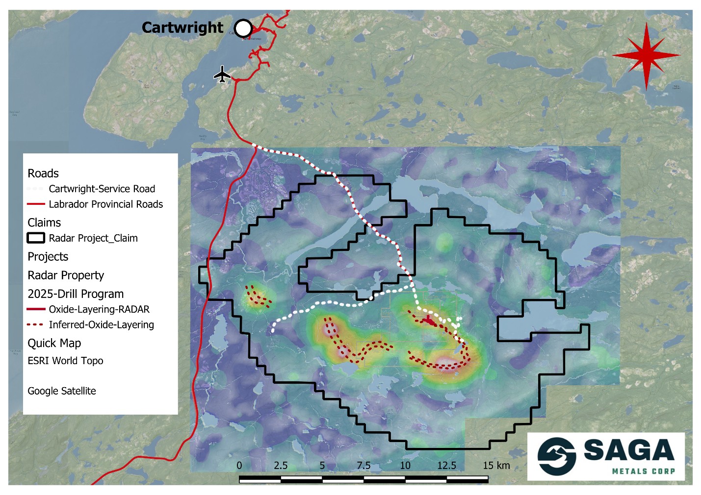 Map of the Radar project highlighting the oxide layering as well as road access and proximity to the town of Cartwright, Labrador. Compilation analytical geophysics as acquired from historical sources, which SAGA has proven confidence in after the 2024 field programs. 