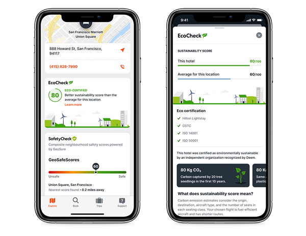 EcoCheck, the powerful new travel sustainability tool in Etta, helps corporate business travelers make more sustainable choices when they travel by showing carbon emissions data and scores, contextual info, and sustainable travel tips.