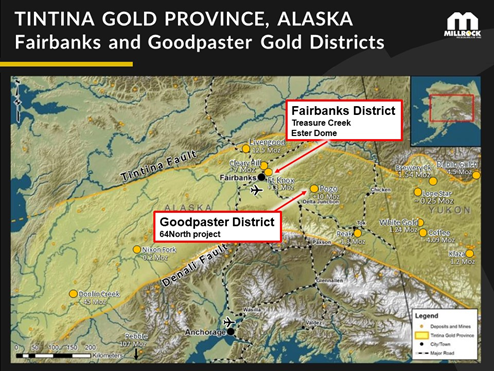 Figure 1. Millrock gold project locations within the Tintina Gold Province, Alaska.