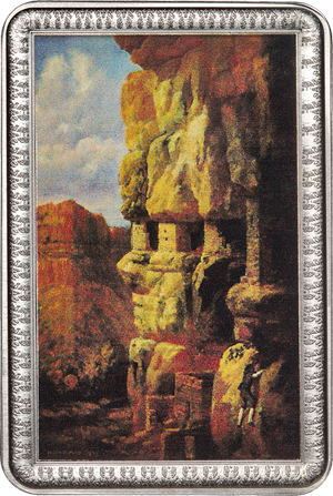 Cliff Houses on the Rio Mancos, Colorado by William Henry Holmes
Original - oil on canvas - Dimensions 21-¼” x 15-⅛”
2 oz. .999 Pure Silver Ingot – Osborne Mint

W.H. Holmes was an explored Yellowstone National Park soon after its inception and has a peak – Mount Holmes – named after him. He was also an American explorer, anthropologist, archaeologist, artist, scientific illustrator, cartographer, mountain climber, geologist and museum curator and director. He served as the director of the National Gallery of Art (now known as the Smithsonian American Art Museum) and was considered an expert in art produced by Southwest Native Americans.
