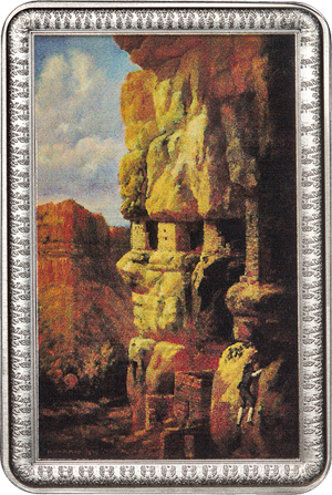 Cliff Houses on the Rio Mancos, Colorado by William Henry Holmes
Original - oil on canvas - Dimensions 21-¼” x 15-⅛”
2 oz. .999 Pure Silver Ingot – Osborne Mint

W.H. Holmes was an explored Yellowstone National Park soon after its inception and has a peak – Mount Holmes – named after him. He was also an American explorer, anthropologist, archaeologist, artist, scientific illustrator, cartographer, mountain climber, geologist and museum curator and director. He served as the director of the National Gallery of Art (now known as the Smithsonian American Art Museum) and was considered an expert in art produced by Southwest Native Americans.
