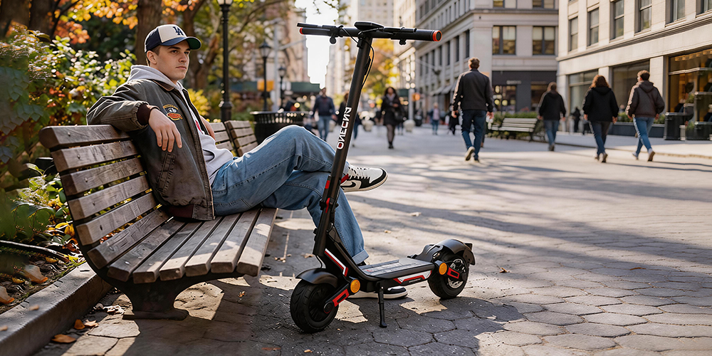 Casual man sits by the compact ONECNA A2 electric scooter on a city sidewalk.