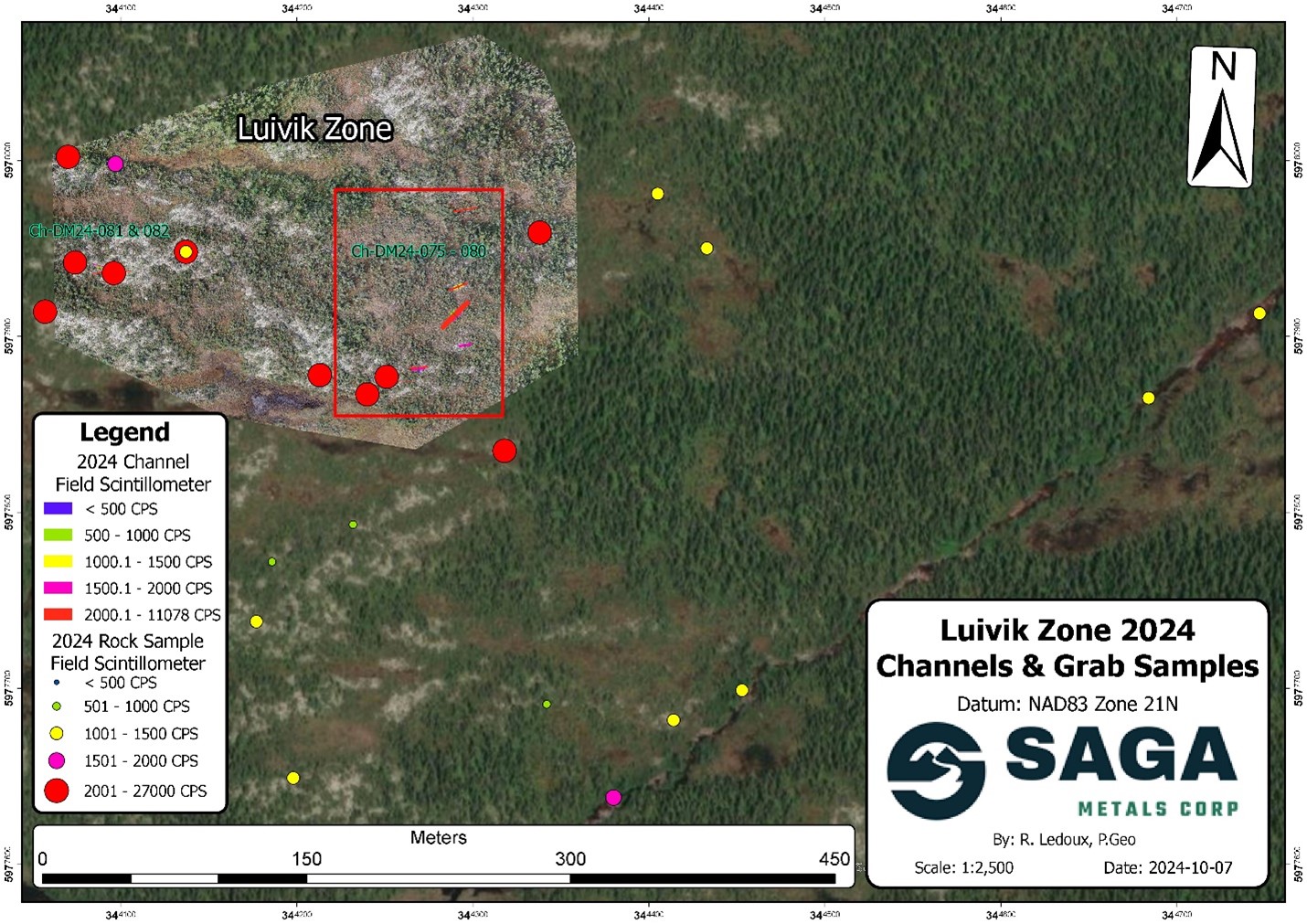 Luivik zone with detailed drone imagery inset of channel sample cross section perpendicular over zone expressing both rock and channel sample location